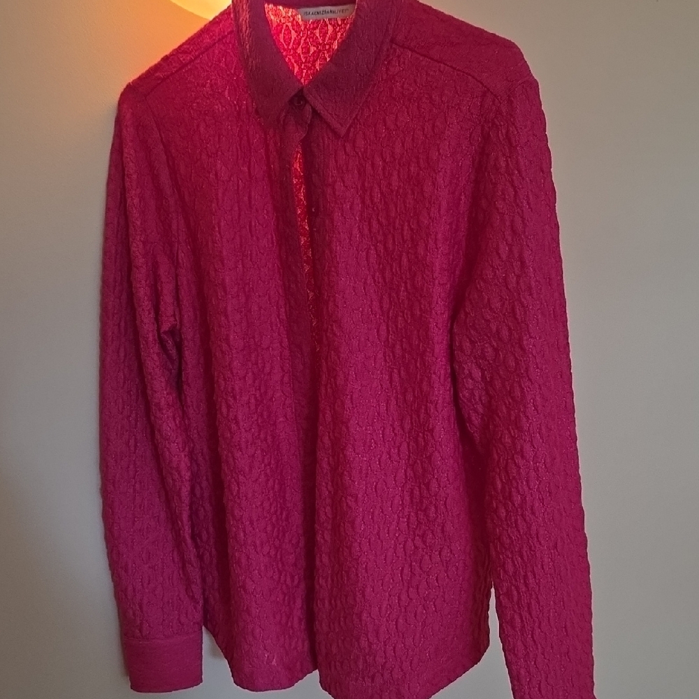 Berry Pink Stretch Lace Long Sleeve Shirt